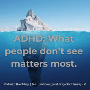 Text graphic reading: “ADHD: The invisible load.” Represents the hidden mental effort and emotional strain experienced by adults with ADHD.