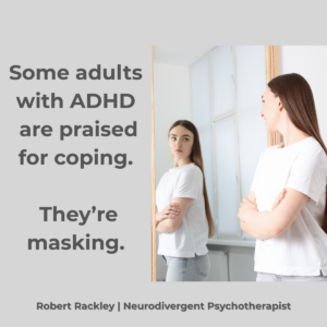 Adult woman looking at her reflection in a mirror representing masking and hidden mental health struggles in adults with ADHD